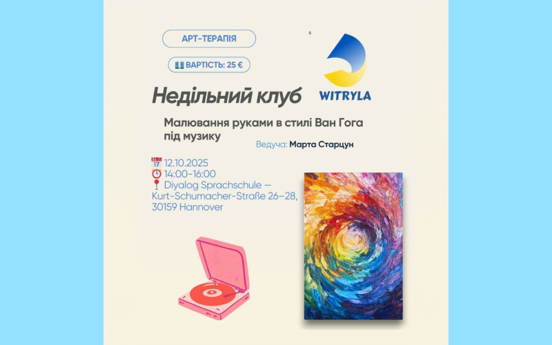 Ви зараз переглядаєте 12.10.2025 – Арт-терапія. Малювання руками в стилі Ван Гога під музику